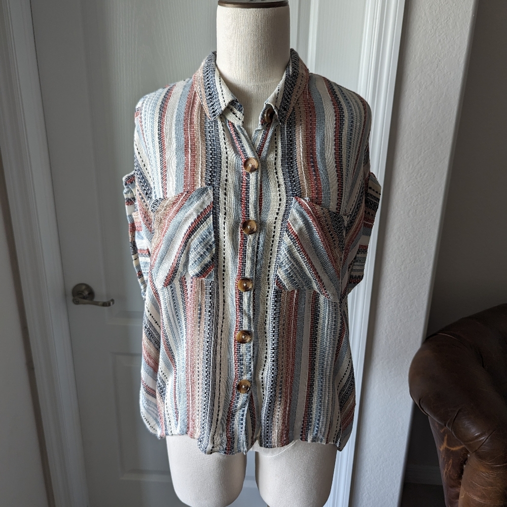 NWOT Multi-Striped Knit Button Down Shirt - Picture 2 of 6